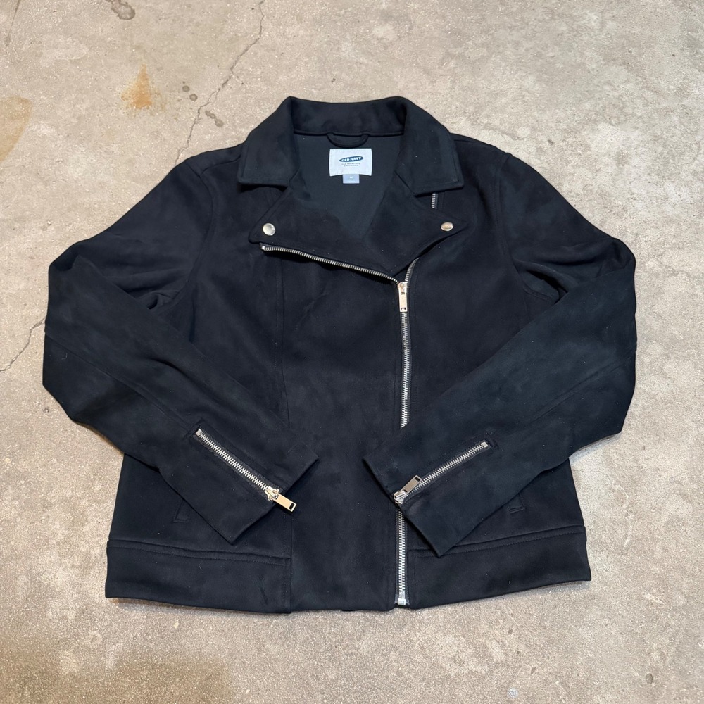 Old Navy Moto Jacket Women Medium Black Faux Suede Asymmetrical Zip Biker